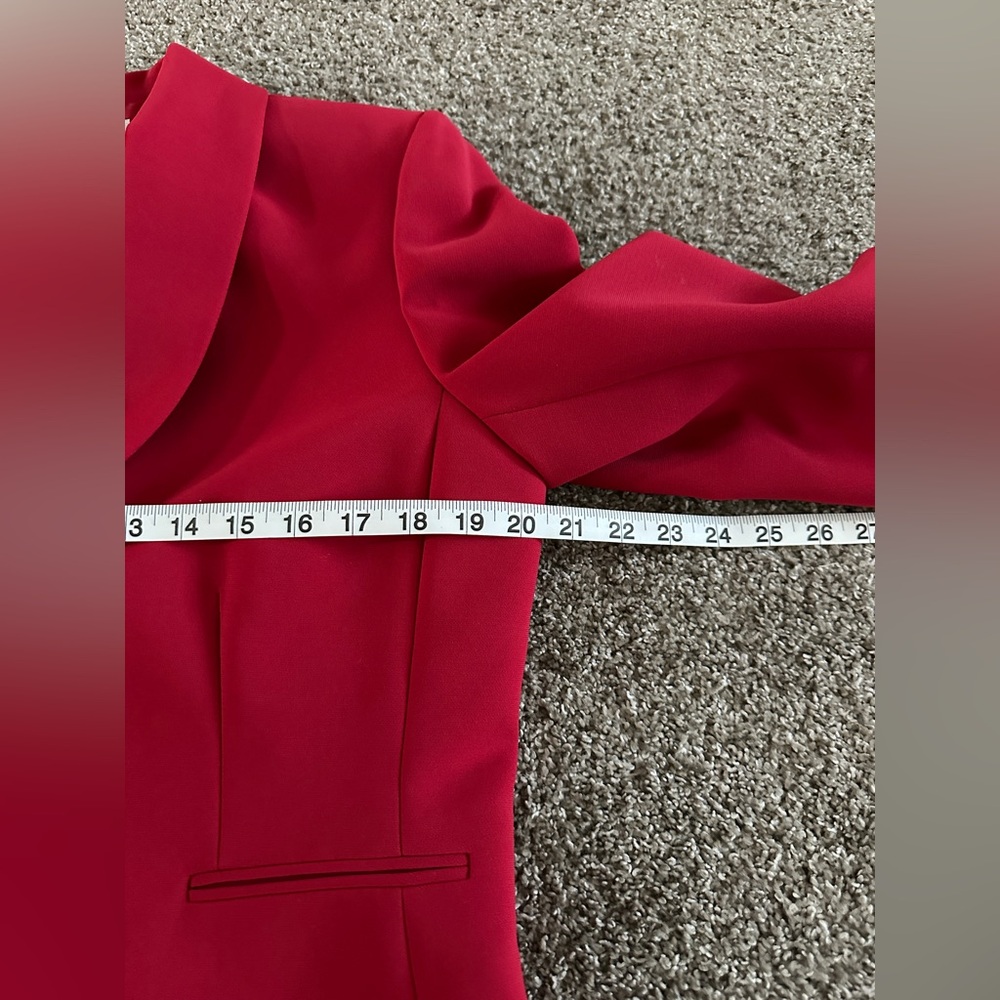 Red skirt & blazer jacket set lined shoulder pads ruffles collar size 12 - Picture 15 of 16
